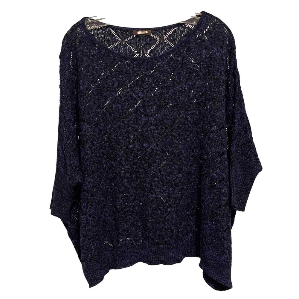 Kerisma Navy Blue Metallic Open Knit Batwing Sweater Cropped Pointelle Top